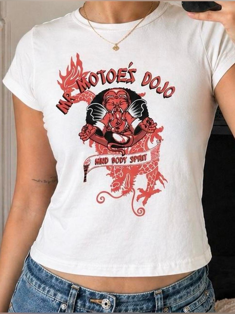 Y2K Mr Motoé Dojo Baby Tee Dragon Graphic Fitted Tee XS S M